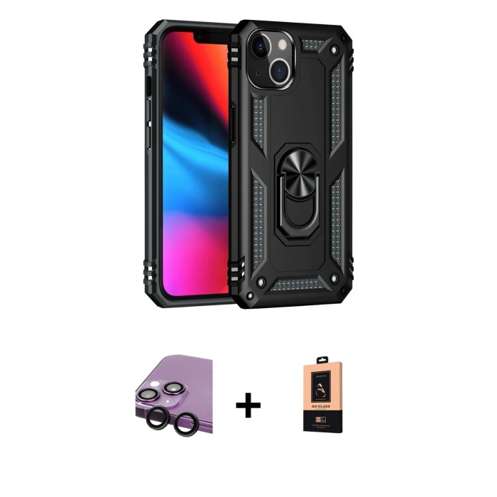 MARSİLYAN™- iPhone 14 Plus Kılıf Ahenk Klasik Koleksiyonu - Şeffaf Maxco Cam Ekran Koruyucu + Raze Metal Kamera Lens - SH