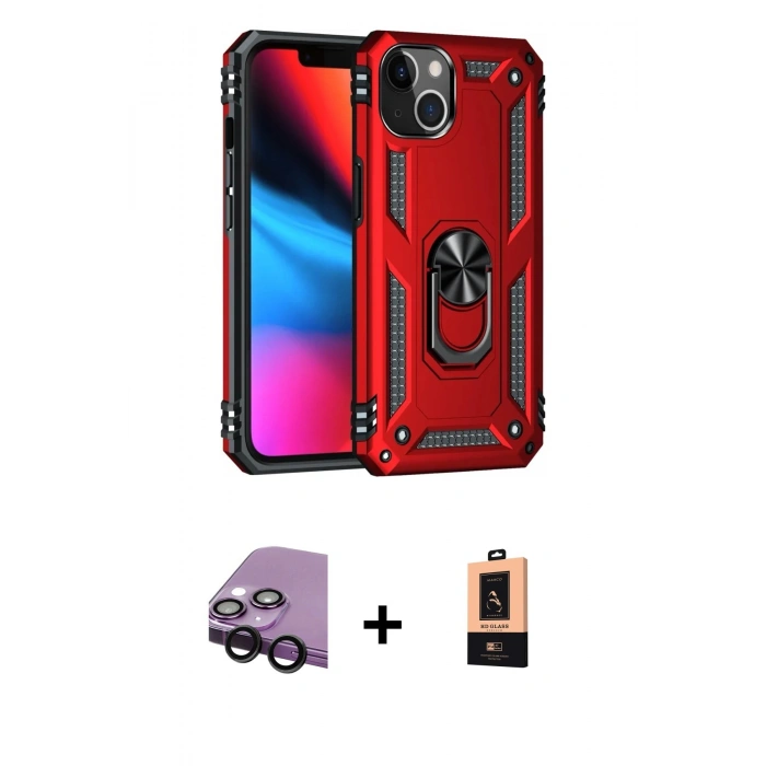 MARSİLYAN™- iPhone 14 Plus Kılıf Ahenk Klasik Koleksiyonu - Şeffaf Maxco Cam Ekran Koruyucu + Raze Metal Kamera Lens - SH