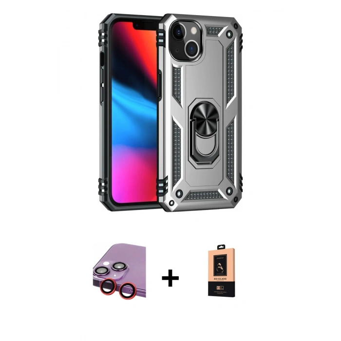 MARSİLYAN™- iPhone 14 Plus Kılıf Ahenk Klasik Koleksiyonu - Şeffaf Maxco Cam Ekran Koruyucu + Raze Metal Kamera Lens - KI