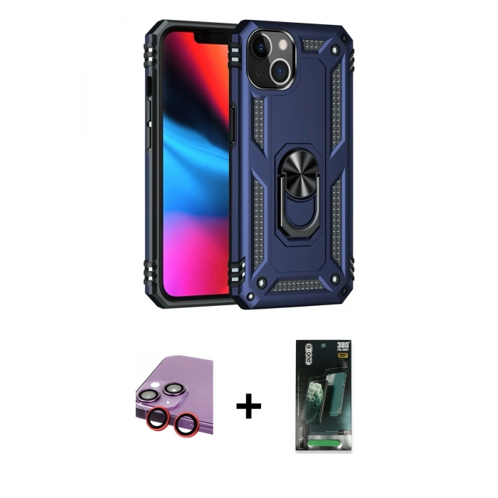 MARSİLYAN™- iPhone 14 Plus Kılıf Ahenk Klasik Koleksiyonu - Siyah 360 Mat Full Body Arka Koruyucu + Raze Metal Kamera Lens - KI