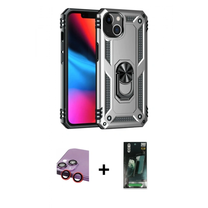 MARSİLYAN™- iPhone 14 Plus Kılıf Ahenk Klasik Koleksiyonu - Siyah 360 Mat Full Body Arka Koruyucu + Raze Metal Kamera Lens - KI