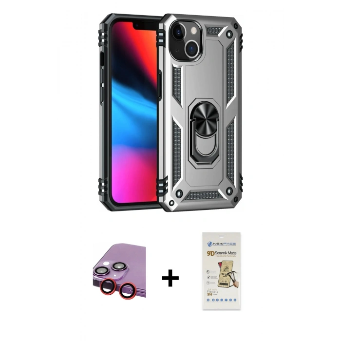 MARSİLYAN™- iPhone 14 Plus Kılıf Ahenk Klasik Koleksiyonu - Siyah Mat Seramik Nano Ekran Koruyucu + Kırmızı Raze Metal Kamera Lens