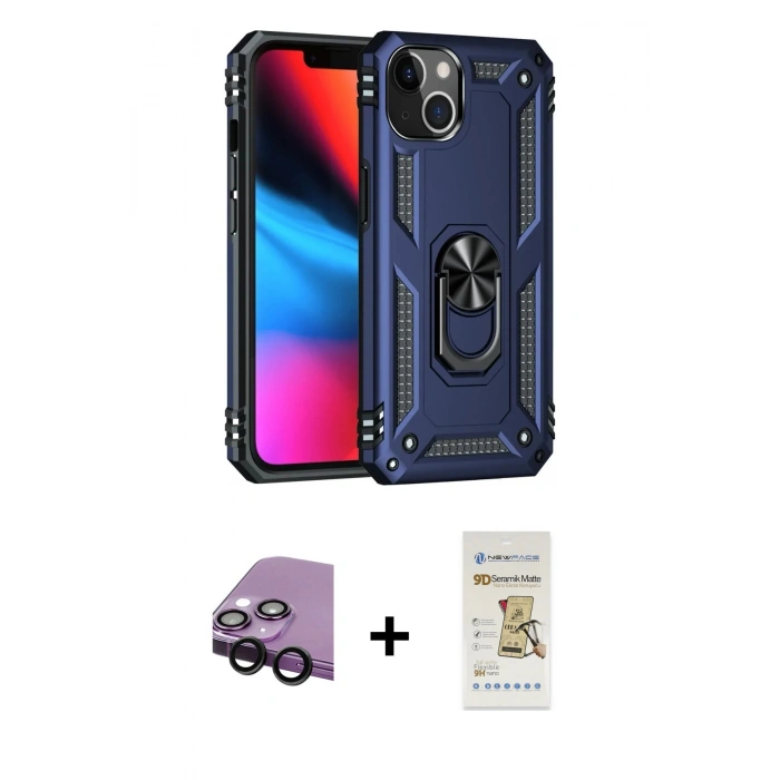 MARSİLYAN™- iPhone 14 Plus Kılıf Ahenk Klasik Koleksiyonu - Siyah Mat Seramik Nano Ekran Koruyucu + Raze Metal Kamera Lens - SH
