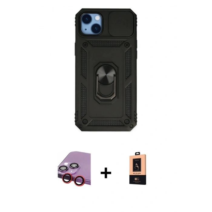 MARSİLYAN™- iPhone 14 Plus Kılıf Ahenk Klasik - Şeffaf Maxco Cam Ekran Koruyucu + Raze Metal Kamera Lens - KI