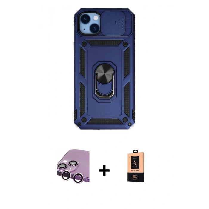 MARSİLYAN™- iPhone 14 Plus Kılıf Ahenk Klasik - Şeffaf Maxco Cam Ekran Koruyucu + Mor Raze Metal Kamera Lens