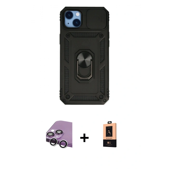 MARSİLYAN™- iPhone 14 Plus Kılıf Ahenk Klasik - Şeffaf Maxco Cam Ekran Koruyucu + Raze Metal Kamera Lens - GS