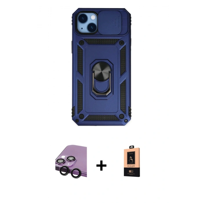 MARSİLYAN™- iPhone 14 Plus Kılıf Ahenk Klasik - Şeffaf Maxco Cam Ekran Koruyucu + Raze Metal Kamera Lens - SH