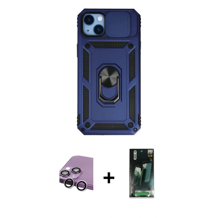 MARSİLYAN™- iPhone 14 Plus Kılıf Ahenk Klasik - Siyah 360 Mat Full Body Arka Koruyucu + Raze Metal Kamera Lens - GS