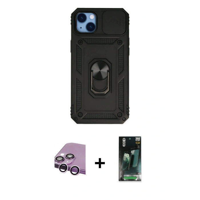 MARSİLYAN™- iPhone 14 Plus Kılıf Ahenk Klasik - Siyah 360 Mat Full Body Arka Koruyucu + Raze Metal Kamera Lens - MR