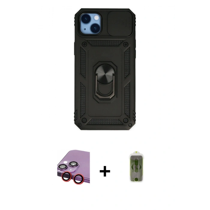 MARSİLYAN™- iPhone 14 Plus Kılıf Ahenk Klasik - Siyah Joko Magic 5D Hayalet Cam + Kırmızı Raze Metal Kamera Lens