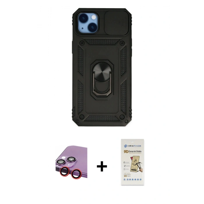 MARSİLYAN™- iPhone 14 Plus Kılıf Ahenk Klasik - Siyah Mat Seramik Nano Ekran Koruyucu + Raze Metal Kamera Lens - KI