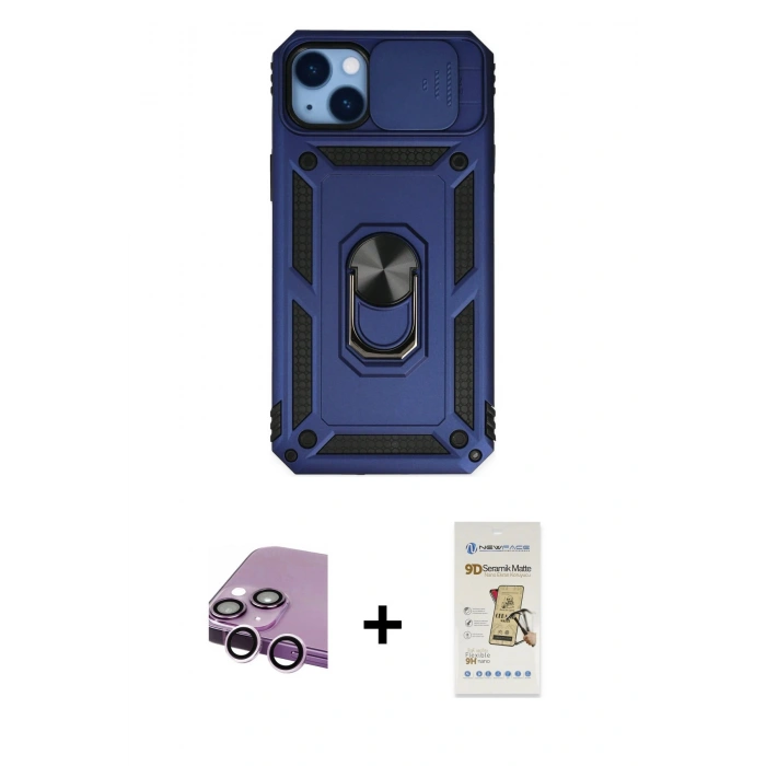 MARSİLYAN™- iPhone 14 Plus Kılıf Ahenk Klasik - Siyah Mat Seramik Nano Ekran Koruyucu + Raze Metal Kamera Lens - MR