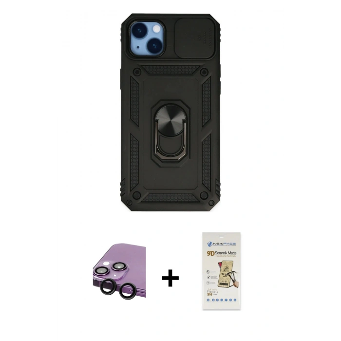 MARSİLYAN™- iPhone 14 Plus Kılıf Ahenk Klasik - Siyah Mat Seramik Nano Ekran Koruyucu + Raze Metal Kamera Lens - SH