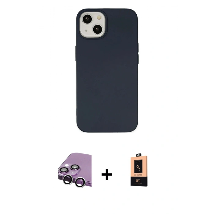 MARSİLYAN™- iPhone 14 Plus Kılıf Ahenk Serisi - Şeffaf Maxco Cam Ekran Koruyucu + Raze Metal Kamera Lens - GS