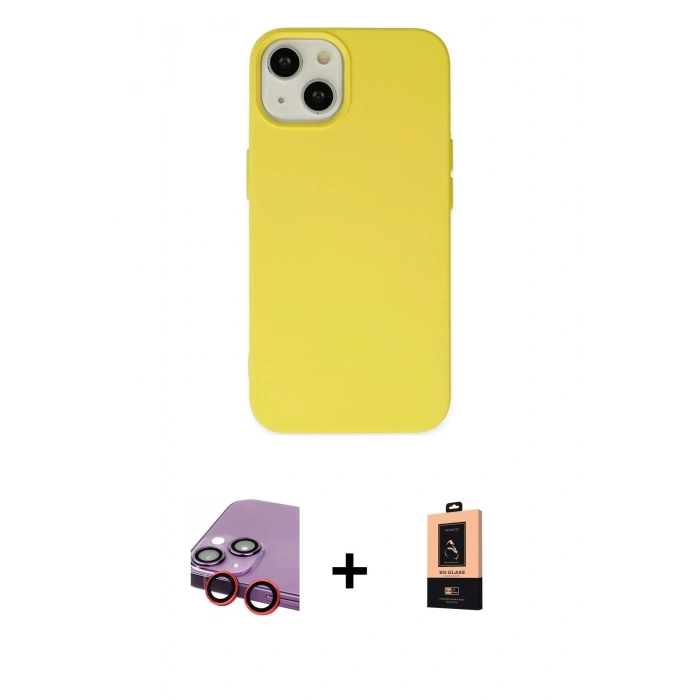 MARSİLYAN™- iPhone 14 Plus Kılıf Ahenk Serisi - Şeffaf Maxco Cam Ekran Koruyucu + Kırmızı Raze Metal Kamera Lens