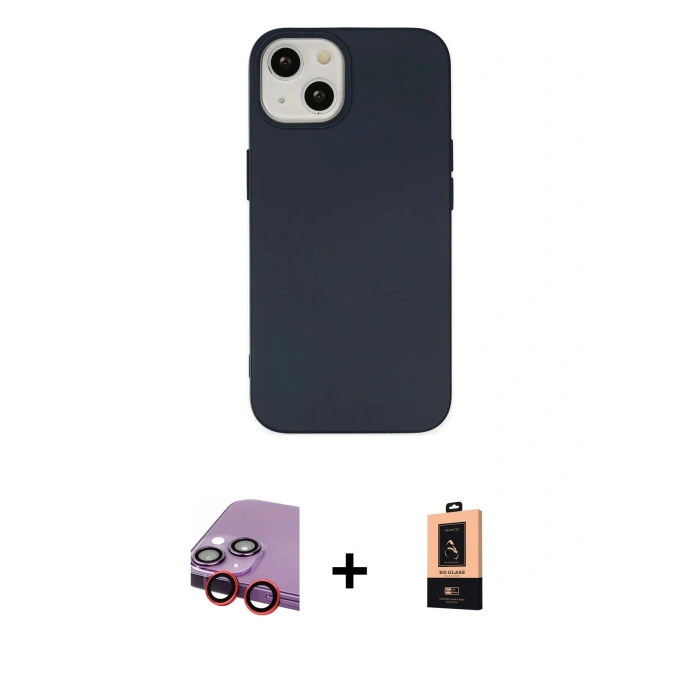 MARSİLYAN™- iPhone 14 Plus Kılıf Ahenk Serisi - Şeffaf Maxco Cam Ekran Koruyucu + Kırmızı Raze Metal Kamera Lens