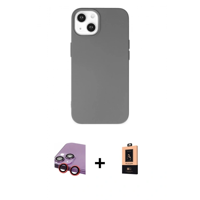 MARSİLYAN™- iPhone 14 Plus Kılıf Ahenk Serisi - Şeffaf Maxco Cam Ekran Koruyucu + Kırmızı Raze Metal Kamera Lens