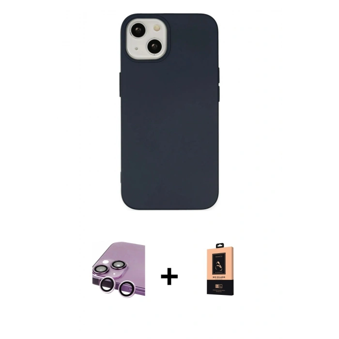 MARSİLYAN™- iPhone 14 Plus Kılıf Ahenk Serisi - Şeffaf Maxco Cam Ekran Koruyucu + Raze Metal Kamera Lens - MR