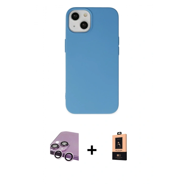 MARSİLYAN™- iPhone 14 Plus Kılıf Ahenk Serisi - Şeffaf Maxco Cam Ekran Koruyucu + Raze Metal Kamera Lens - MR