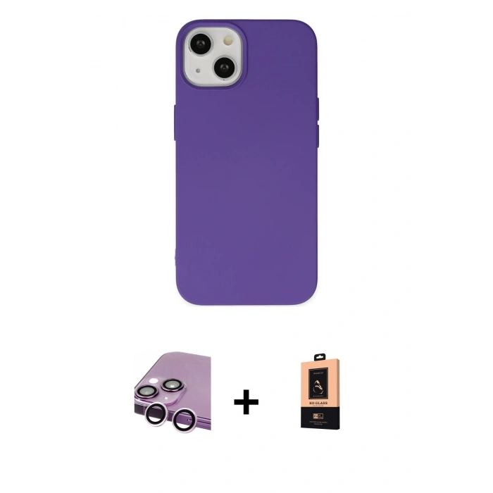 MARSİLYAN™- iPhone 14 Plus Kılıf Ahenk Serisi - Şeffaf Maxco Cam Ekran Koruyucu + Raze Metal Kamera Lens - MR
