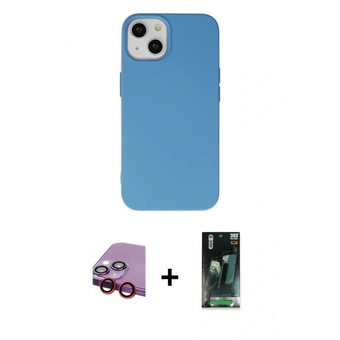 MARSİLYAN™- iPhone 14 Plus Kılıf Ahenk Serisi - Siyah 360 Mat Full Body Arka Koruyucu + Raze Metal Kamera Lens - KI