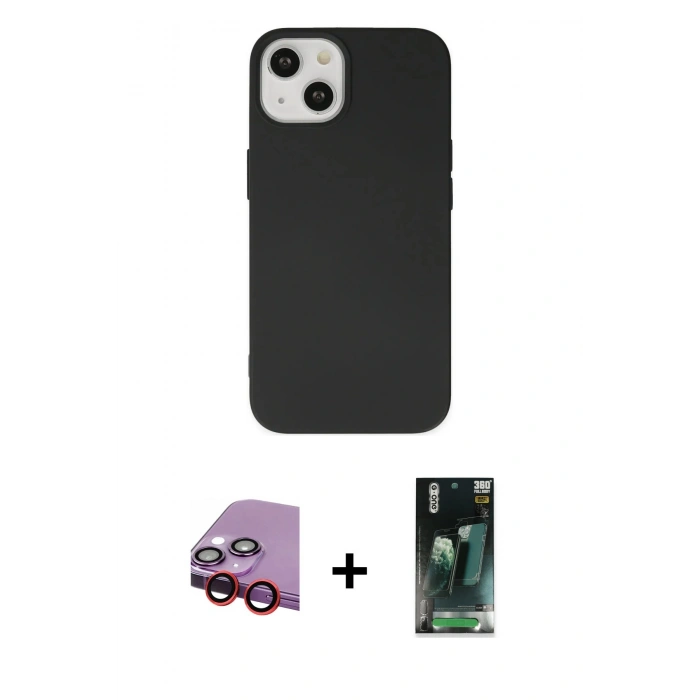 MARSİLYAN™- iPhone 14 Plus Kılıf Ahenk Serisi - Siyah 360 Mat Full Body Arka Koruyucu + Raze Metal Kamera Lens - KI