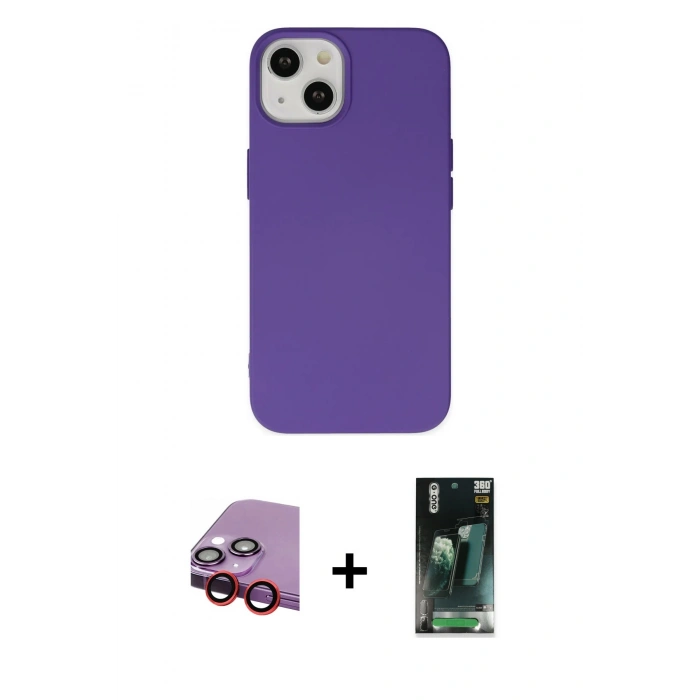 MARSİLYAN™- iPhone 14 Plus Kılıf Ahenk Serisi - Siyah 360 Mat Full Body Arka Koruyucu + Raze Metal Kamera Lens - KI