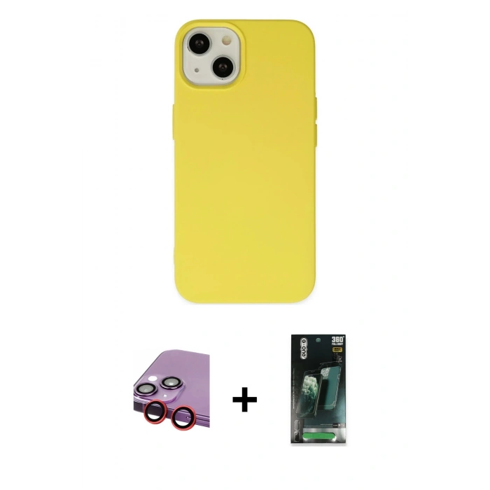 MARSİLYAN™- iPhone 14 Plus Kılıf Ahenk Serisi - Siyah 360 Mat Full Body Arka Koruyucu + Raze Metal Kamera Lens - KI