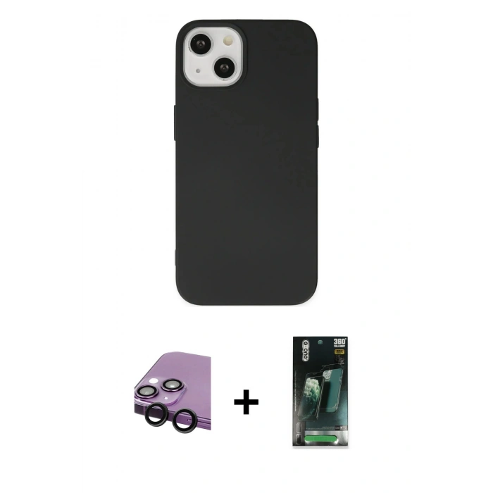 MARSİLYAN™- iPhone 14 Plus Kılıf Ahenk Serisi - Siyah 360 Mat Full Body Arka Koruyucu + Raze Metal Kamera Lens - SH