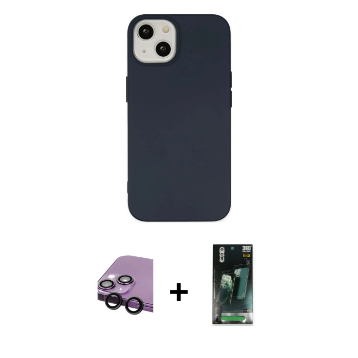 MARSİLYAN™- iPhone 14 Plus Kılıf Ahenk Serisi - Siyah 360 Mat Full Body Arka Koruyucu + Raze Metal Kamera Lens - SH