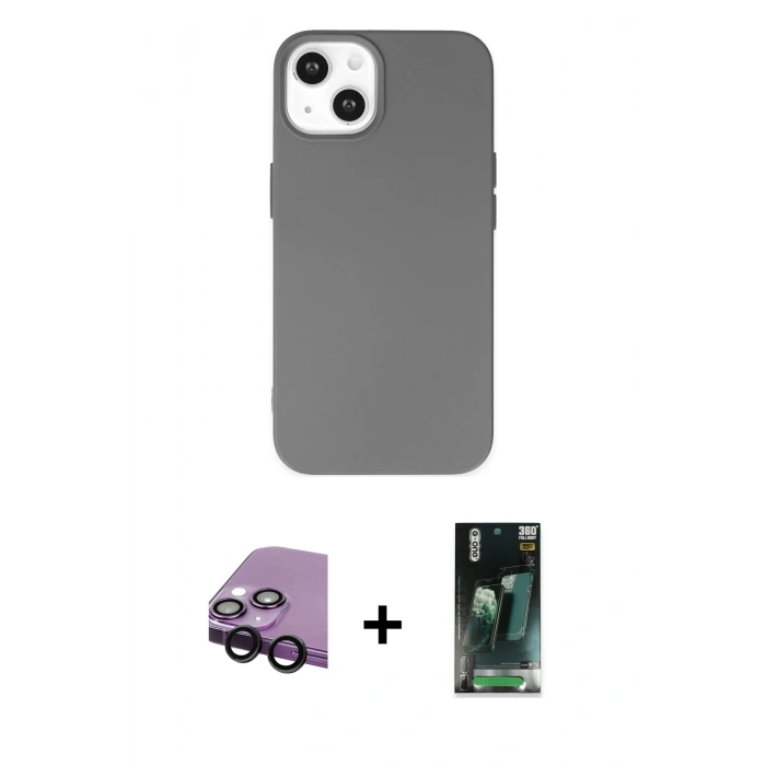 MARSİLYAN™- iPhone 14 Plus Kılıf Ahenk Serisi - Siyah 360 Mat Full Body Arka Koruyucu + Raze Metal Kamera Lens - SH