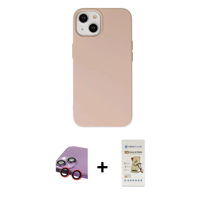 MARSİLYAN™- iPhone 14 Plus Kılıf Ahenk Serisi - Siyah Mat Seramik Nano Ekran Koruyucu + Raze Metal Kamera Lens - KI