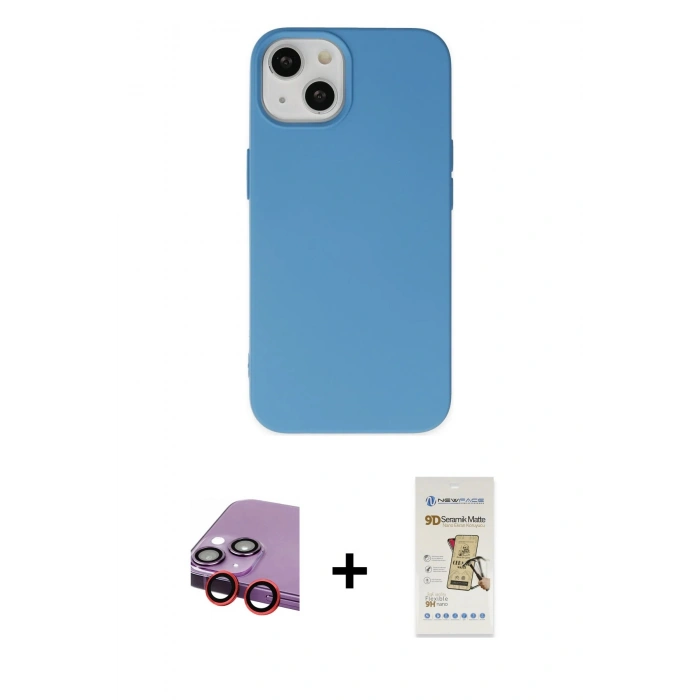 MARSİLYAN™- iPhone 14 Plus Kılıf Ahenk Serisi - Siyah Mat Seramik Nano Ekran Koruyucu + Raze Metal Kamera Lens - KI