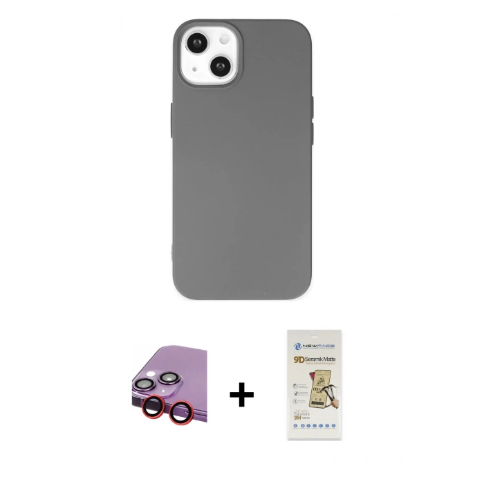 MARSİLYAN™- iPhone 14 Plus Kılıf Ahenk Serisi - Siyah Mat Seramik Nano Ekran Koruyucu + Raze Metal Kamera Lens - KI