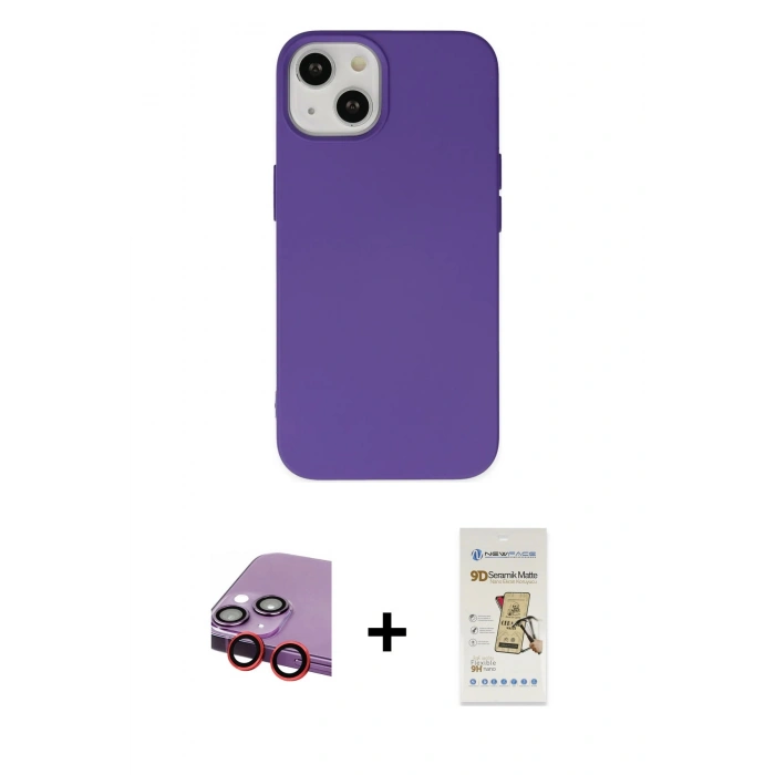 MARSİLYAN™- iPhone 14 Plus Kılıf Ahenk Serisi - Siyah Mat Seramik Nano Ekran Koruyucu + Raze Metal Kamera Lens - KI