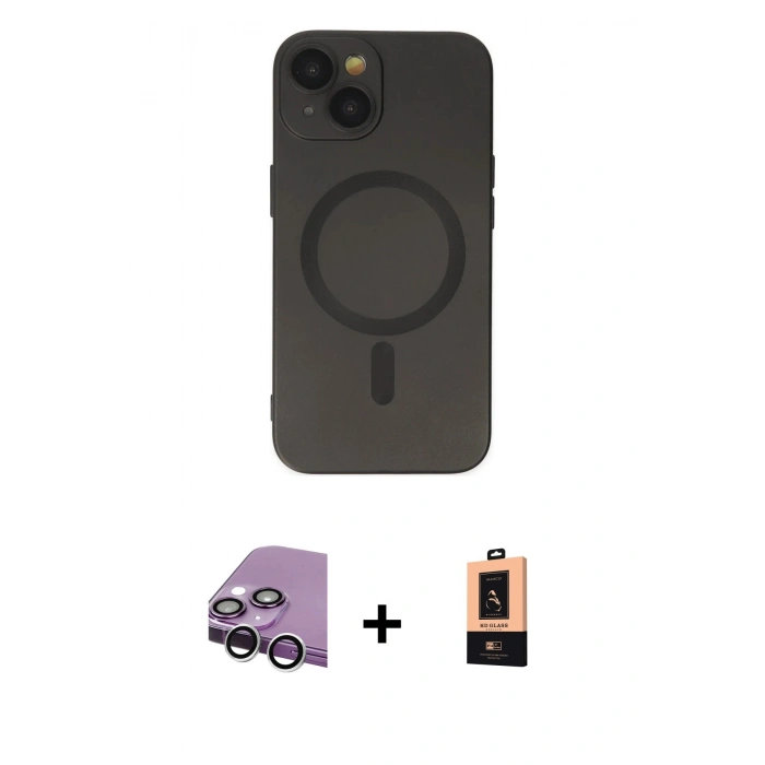 MARSİLYAN™- iPhone 14 Plus Kılıf Akış Minimal Özel Seri - Şeffaf Maxco Cam Ekran Koruyucu + Raze Metal Kamera Lens - GS