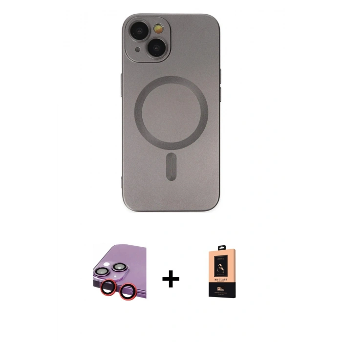 MARSİLYAN™- iPhone 14 Plus Kılıf Akış Minimal Özel Seri - Şeffaf Maxco Cam Ekran Koruyucu + Raze Metal Kamera Lens - KI