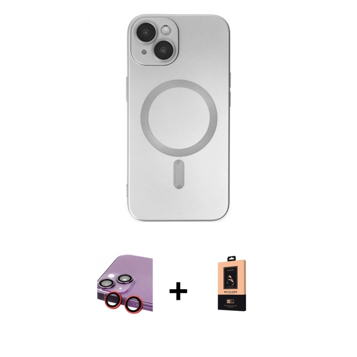 MARSİLYAN™- iPhone 14 Plus Kılıf Akış Minimal Özel Seri - Şeffaf Maxco Cam Ekran Koruyucu + Raze Metal Kamera Lens - KI