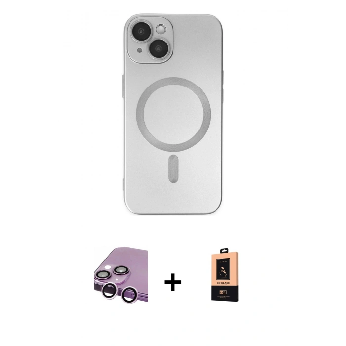 MARSİLYAN™- iPhone 14 Plus Kılıf Akış Minimal Özel Seri - Şeffaf Maxco Cam Ekran Koruyucu + Raze Metal Kamera Lens - MR