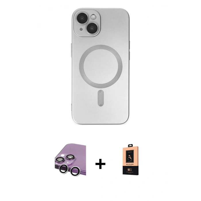 MARSİLYAN™- iPhone 14 Plus Kılıf Akış Minimal Özel Seri - Şeffaf Maxco Cam Ekran Koruyucu + Raze Metal Kamera Lens - GS