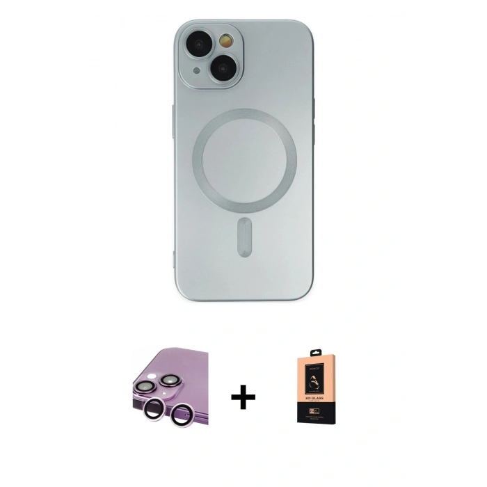 MARSİLYAN™- iPhone 14 Plus Kılıf Akış Minimal Özel Seri - Şeffaf Maxco Cam Ekran Koruyucu + Raze Metal Kamera Lens - MR