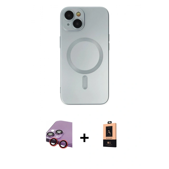 MARSİLYAN™- iPhone 14 Plus Kılıf Akış Minimal Özel Seri - Şeffaf Maxco Cam Ekran Koruyucu + Raze Metal Kamera Lens - KI