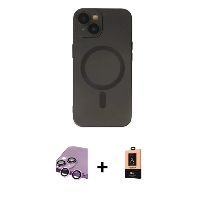 MARSİLYAN™- iPhone 14 Plus Kılıf Akış Minimal Özel Seri - Şeffaf Maxco Cam Ekran Koruyucu + Raze Metal Kamera Lens - MR