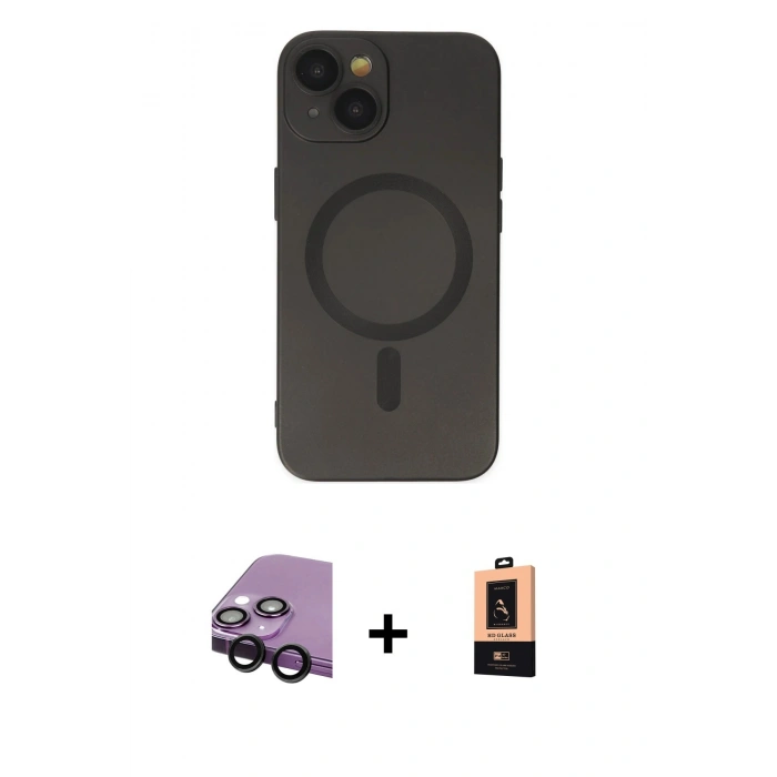 MARSİLYAN™- iPhone 14 Plus Kılıf Akış Minimal Özel Seri - Şeffaf Maxco Cam Ekran Koruyucu + Raze Metal Kamera Lens - SH