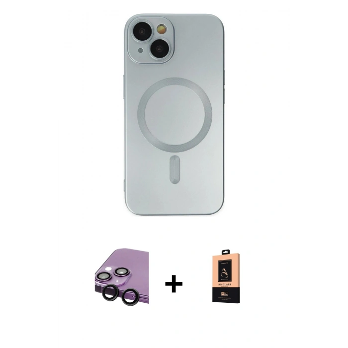 MARSİLYAN™- iPhone 14 Plus Kılıf Akış Minimal Özel Seri - Şeffaf Maxco Cam Ekran Koruyucu + Raze Metal Kamera Lens - SH