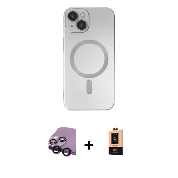 MARSİLYAN™- iPhone 14 Plus Kılıf Akış Minimal Özel Seri - Şeffaf Maxco Cam Ekran Koruyucu + Raze Metal Kamera Lens - SH