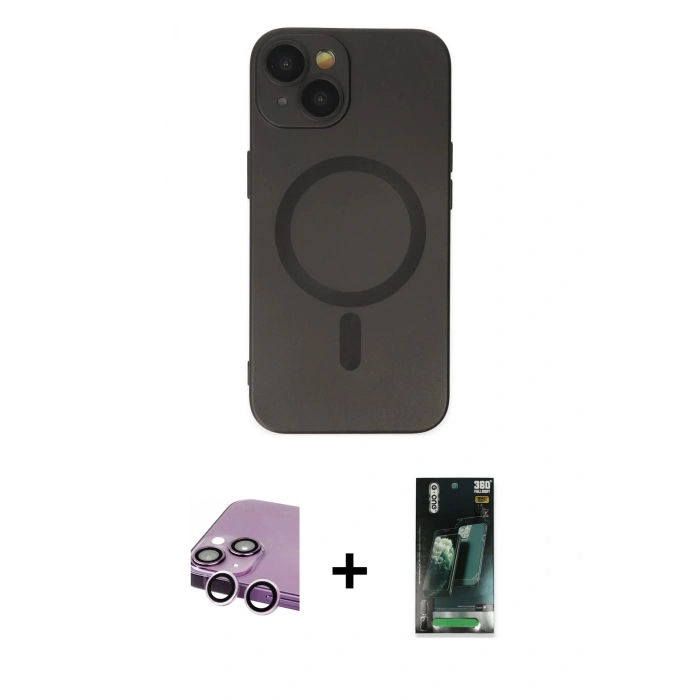 MARSİLYAN™- iPhone 14 Plus Kılıf Akış Minimal Özel Seri - Siyah 360 Mat Full Body Arka Koruyucu + Raze Metal Kamera Lens - MR