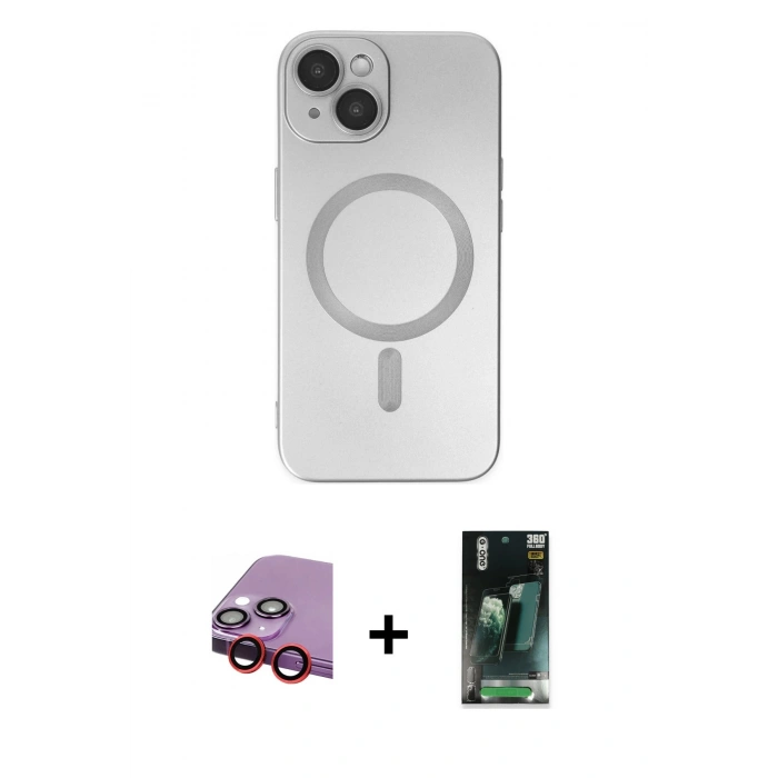 MARSİLYAN™- iPhone 14 Plus Kılıf Akış Minimal Özel Seri - Siyah 360 Mat Full Body Arka Koruyucu + Raze Metal Kamera Lens - KI