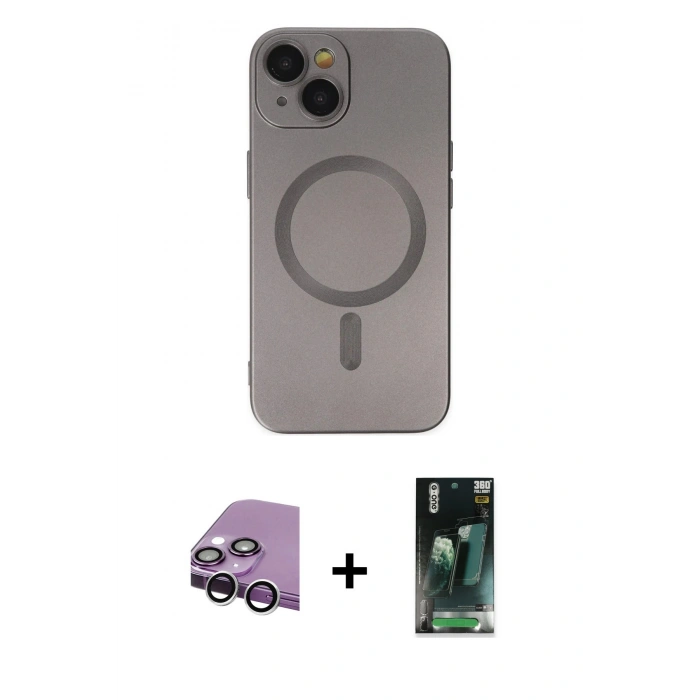 MARSİLYAN™- iPhone 14 Plus Kılıf Akış Minimal Özel Seri - Siyah 360 Mat Full Body Arka Koruyucu + Raze Metal Kamera Lens - GS
