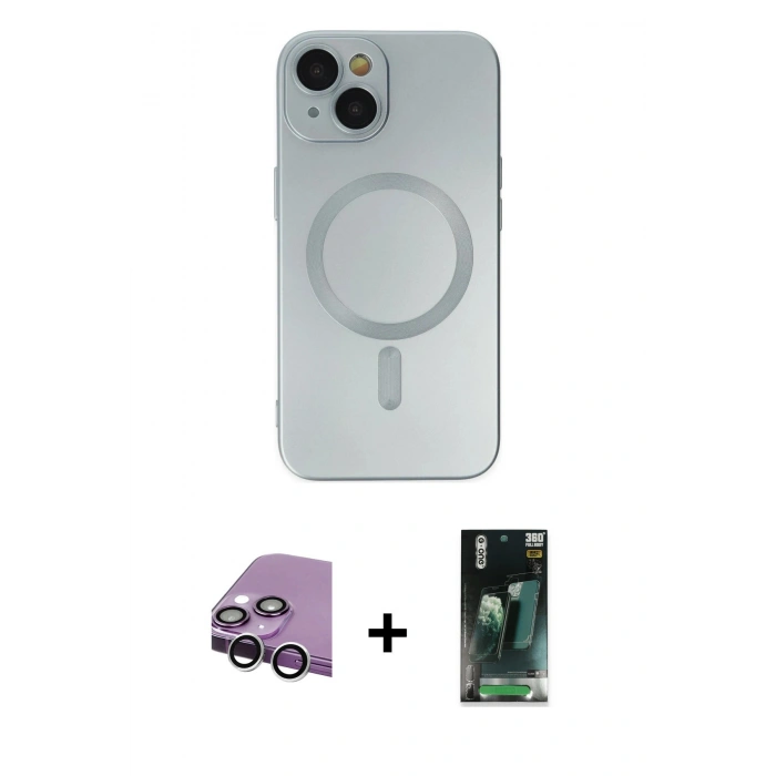 MARSİLYAN™- iPhone 14 Plus Kılıf Akış Minimal Özel Seri - Siyah 360 Mat Full Body Arka Koruyucu + Raze Metal Kamera Lens - GS